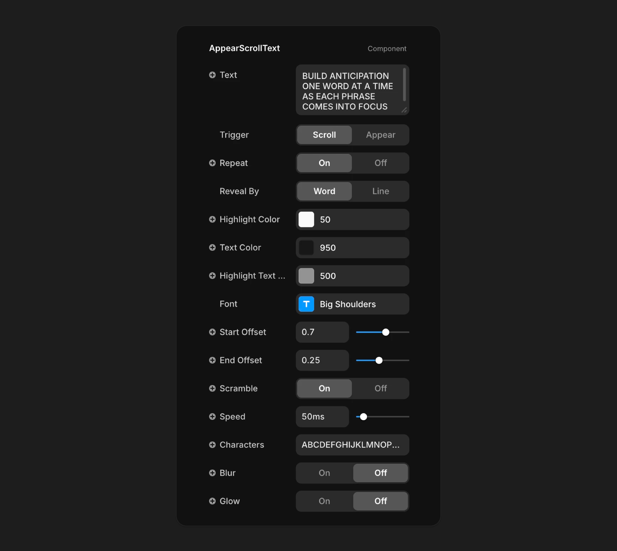 Appear-Scroll Component Properties Panel. 