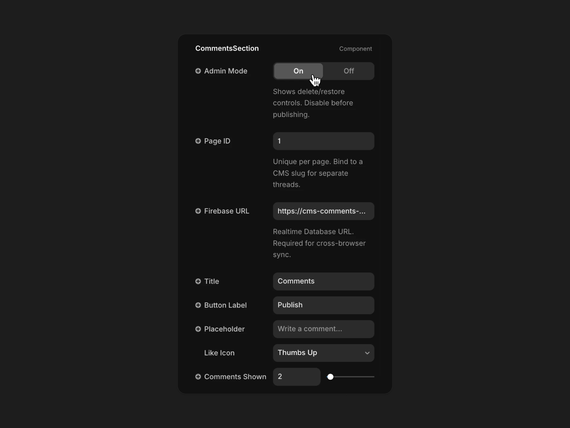 Admin mode: When toggled on, you can remove reported comments.