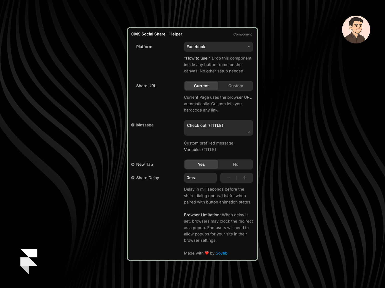social share framer component controller