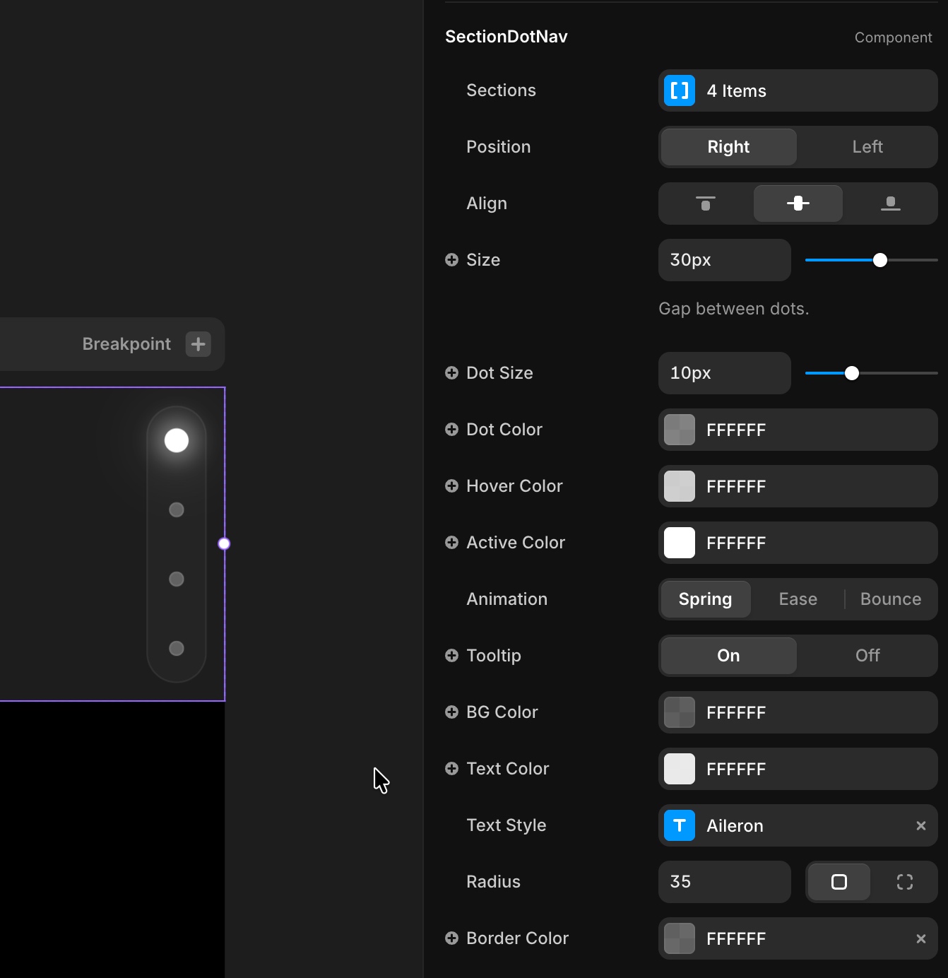Preview of the Section Dot Navbar in the Framer Canvas, focus on property controls.