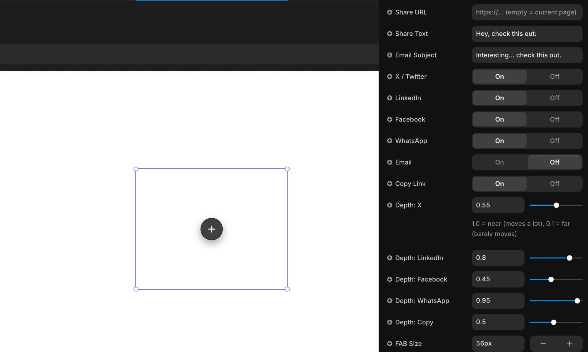 Framer Property controls to adjust the 3D parallax social sharing button.