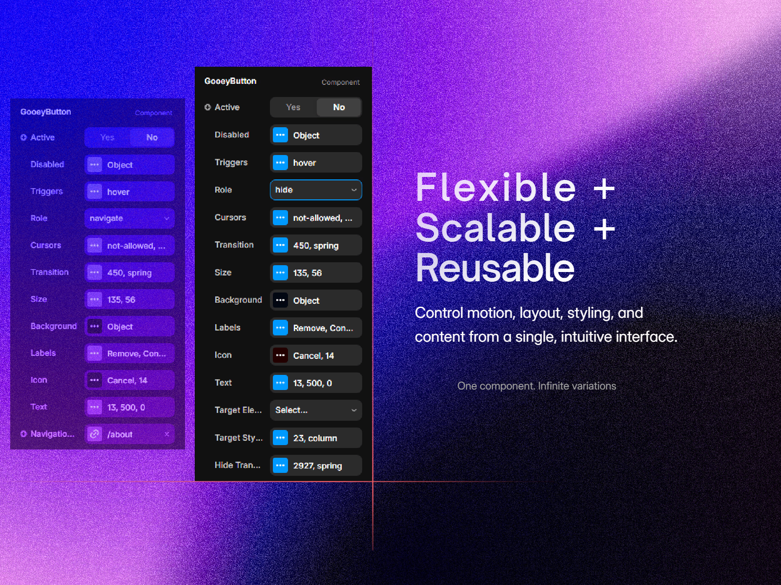 Granular Control, Effortless Design. Precision-engineered properties meet a seamless user interface, giving you total command over motion, style, and logic in one unified panel