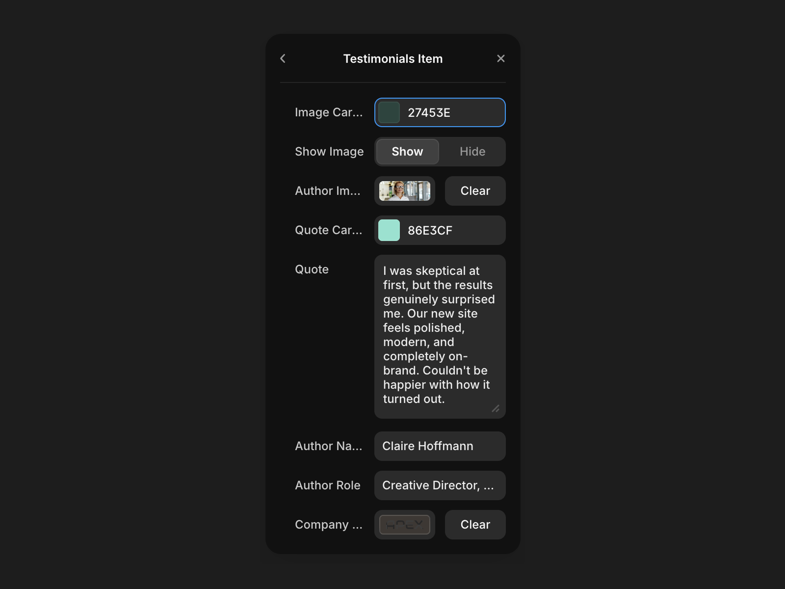 Testimonial item settings