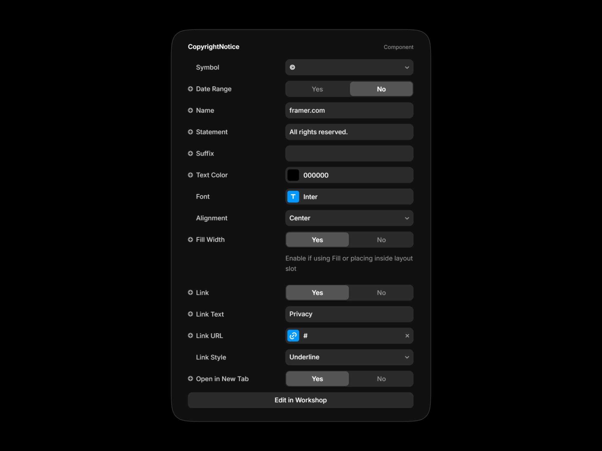 Use the props panel to configure all text, styles, alignment, and link behavior.