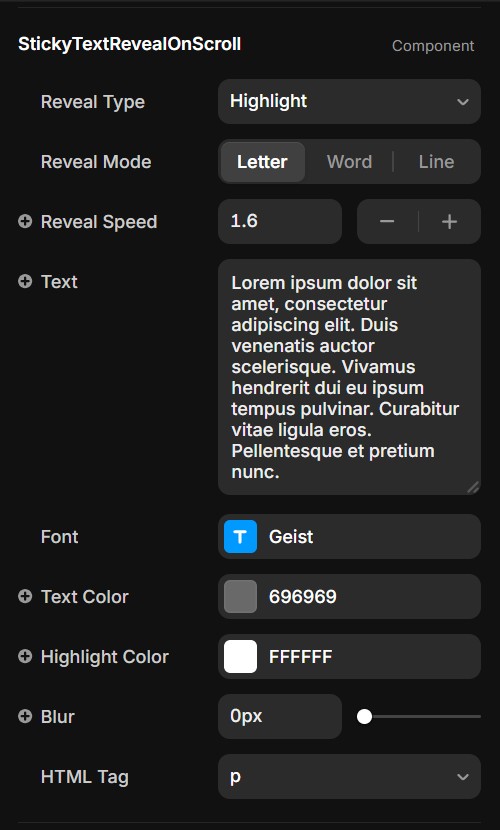 Control Panel of Sticky Text Reveal