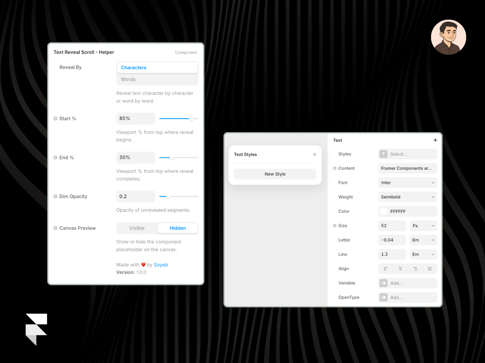 Scroll Text Reveal Framer Component Controls