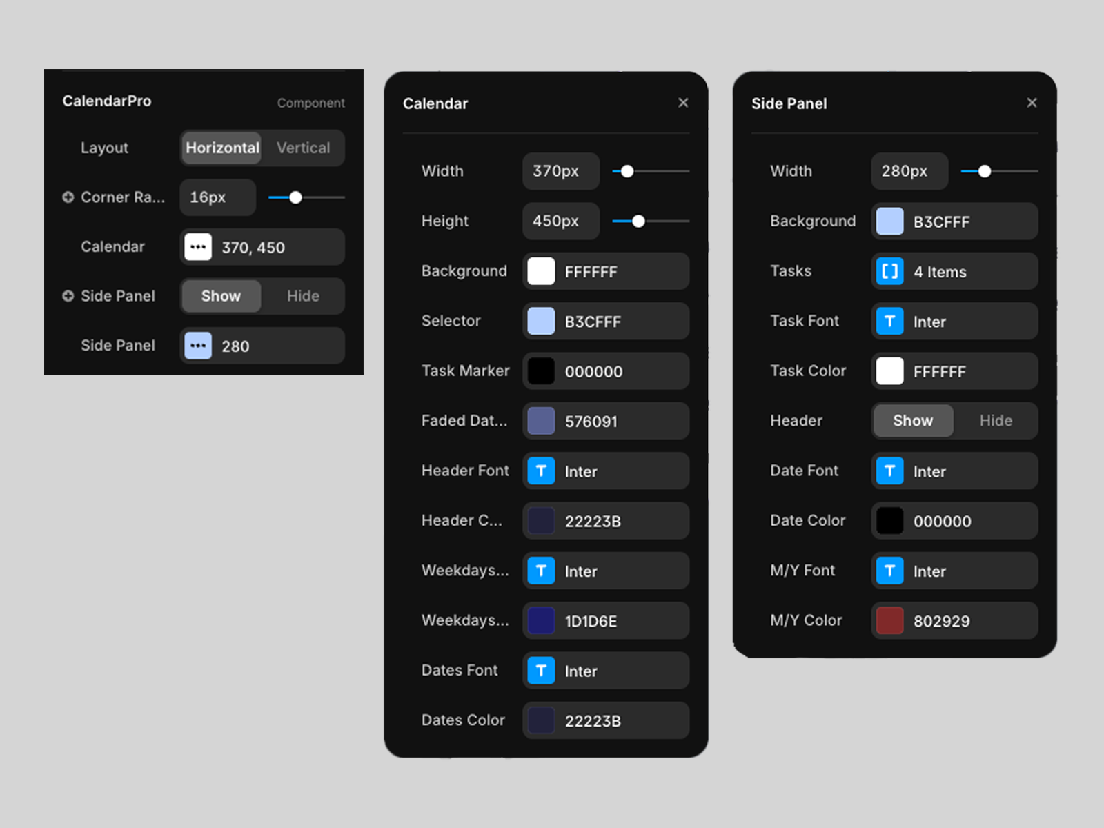 property panels for Calendar Pro Framer component