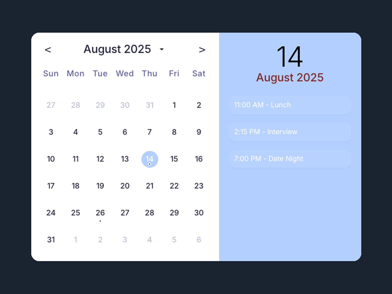 Calendar Pro component with tasks in the side panel sorted by time.
