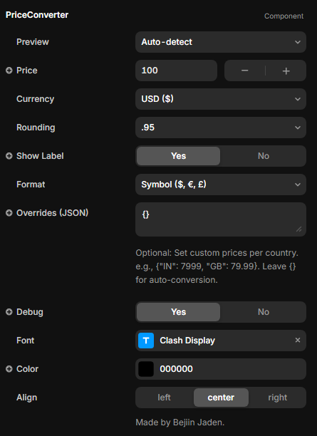 Control Panel of the Component.