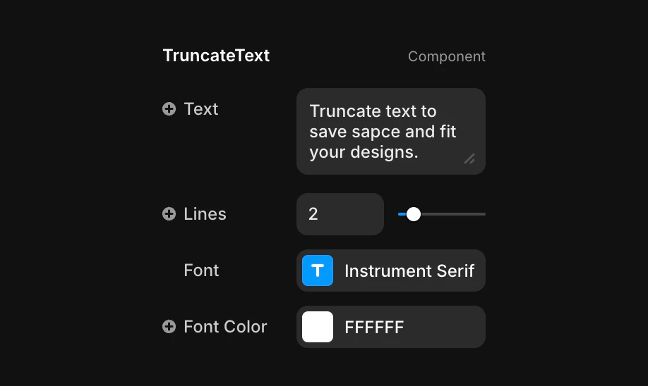 TruncateText component controls in Framer UI.