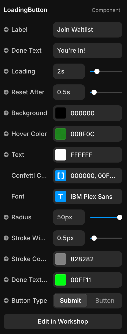 all customization props for this button