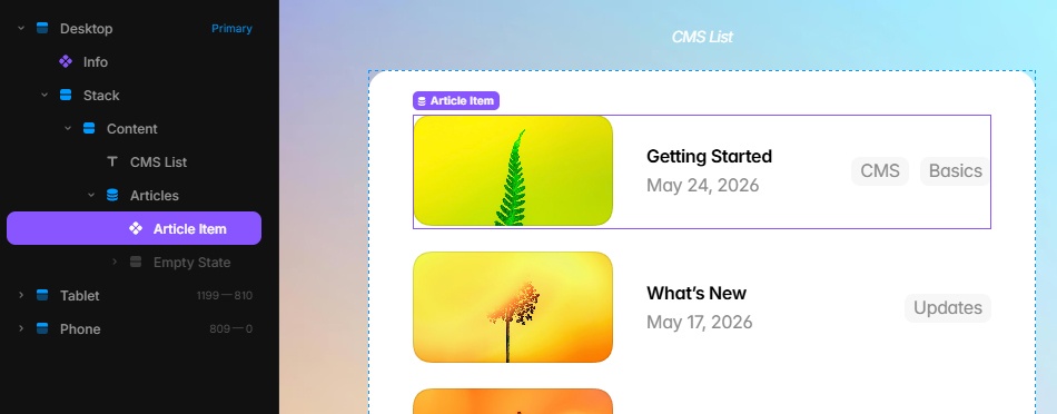Editing the component in the CMS list