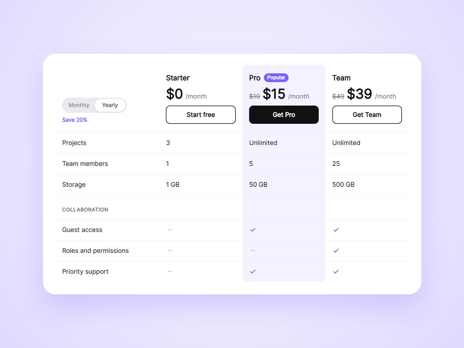 Live Pricing Table — Component for Framer