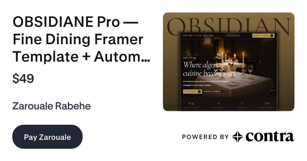 OBSIDIANE Pro — Fine Dining Framer Template + Automation Suite by Zarouale Rabehe