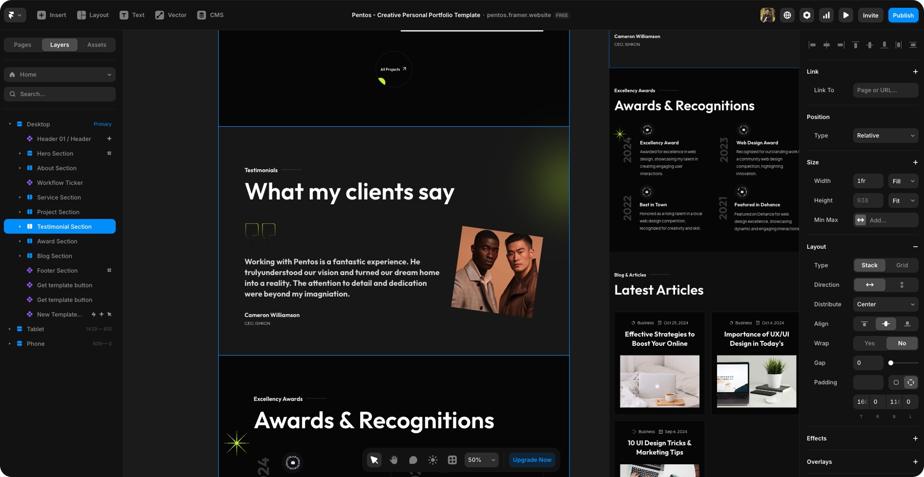 Pentos homepage layout — professional portfolio for personal and agency websitespentos framer templates inside