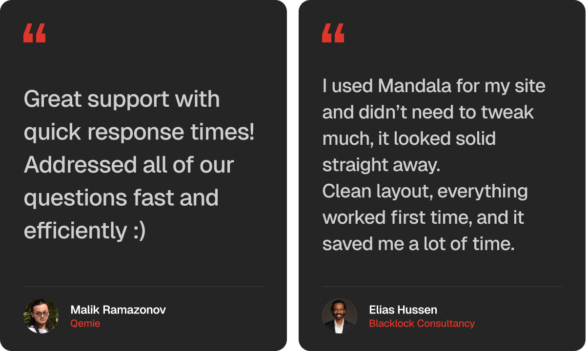 Customer testimonials highlighting fast support and easy-to-use website layout.