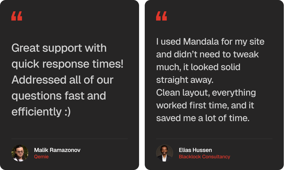 Customer testimonials highlighting fast support and easy-to-use website layout.