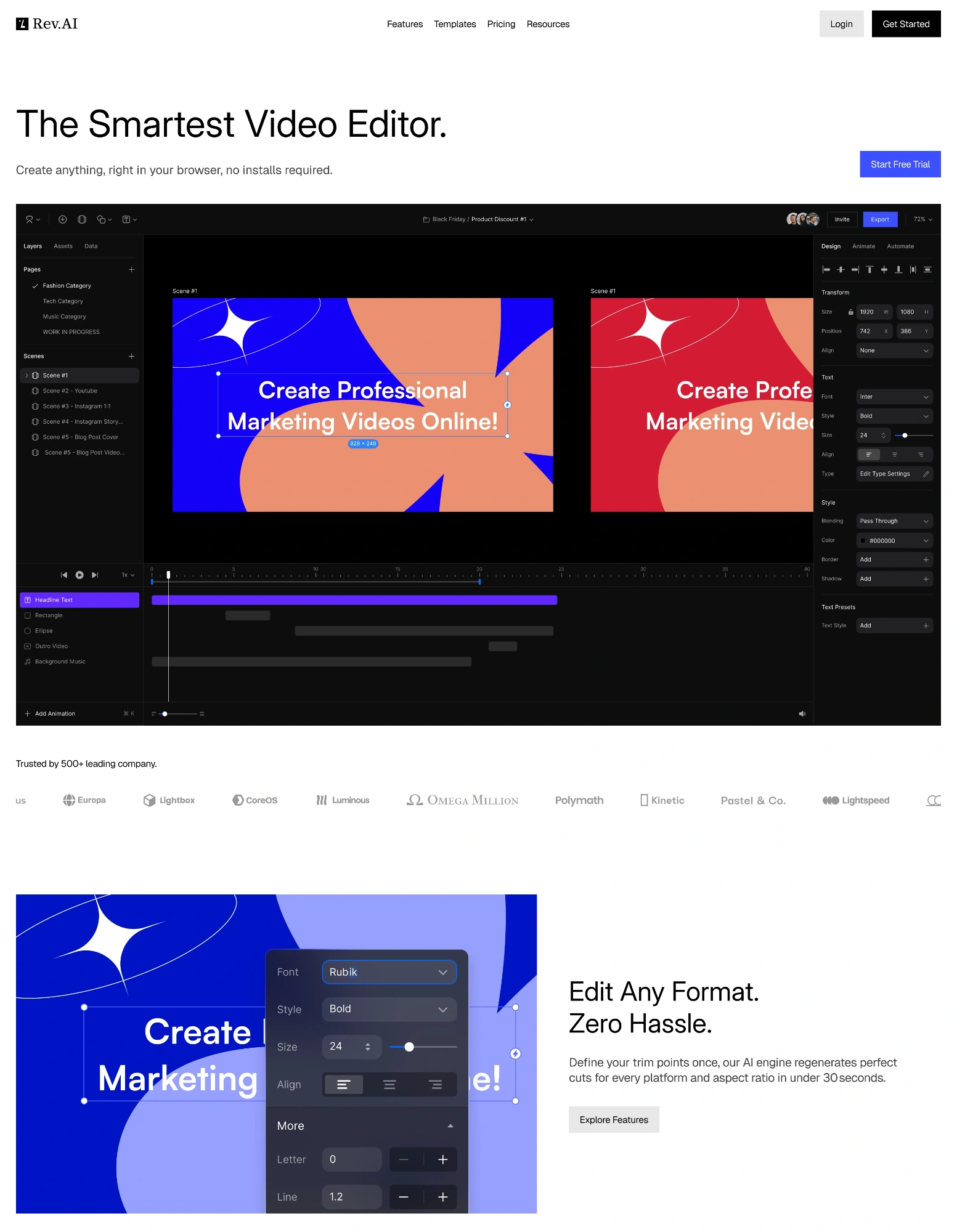 A browser based video editor tool website built with Rev Multipurpose Framer Template