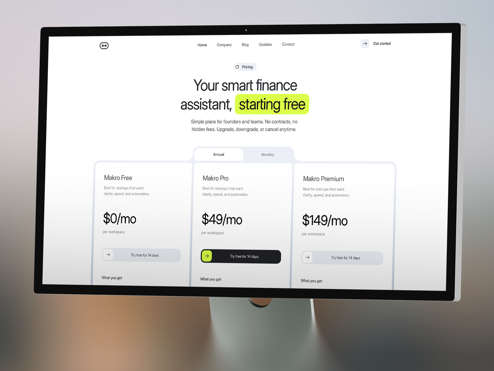 Pricing section with Monthly/Yearly toggle