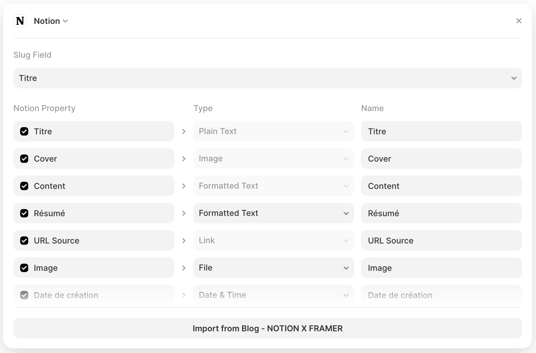 Notion to Framer CMS field mapping — Title, Cover, Content, Slug configuration