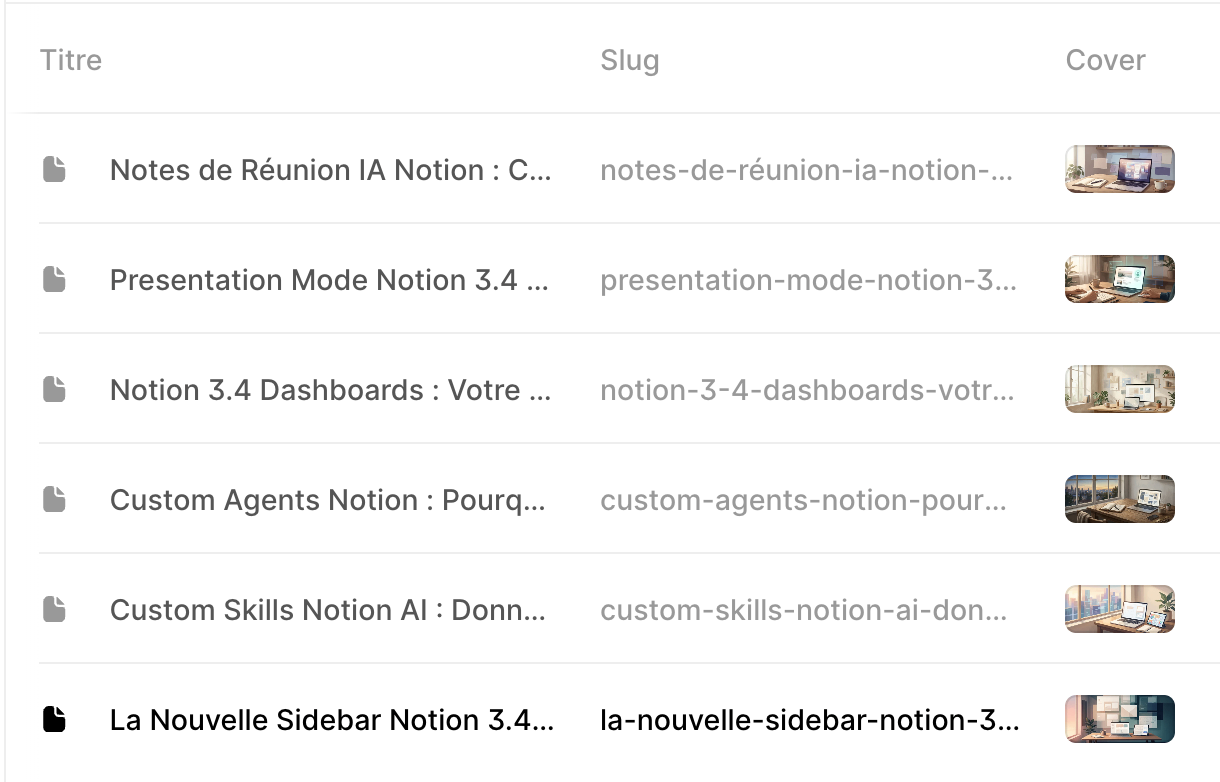 Framer CMS after Notion import — blog articles with slugs and cover images populated