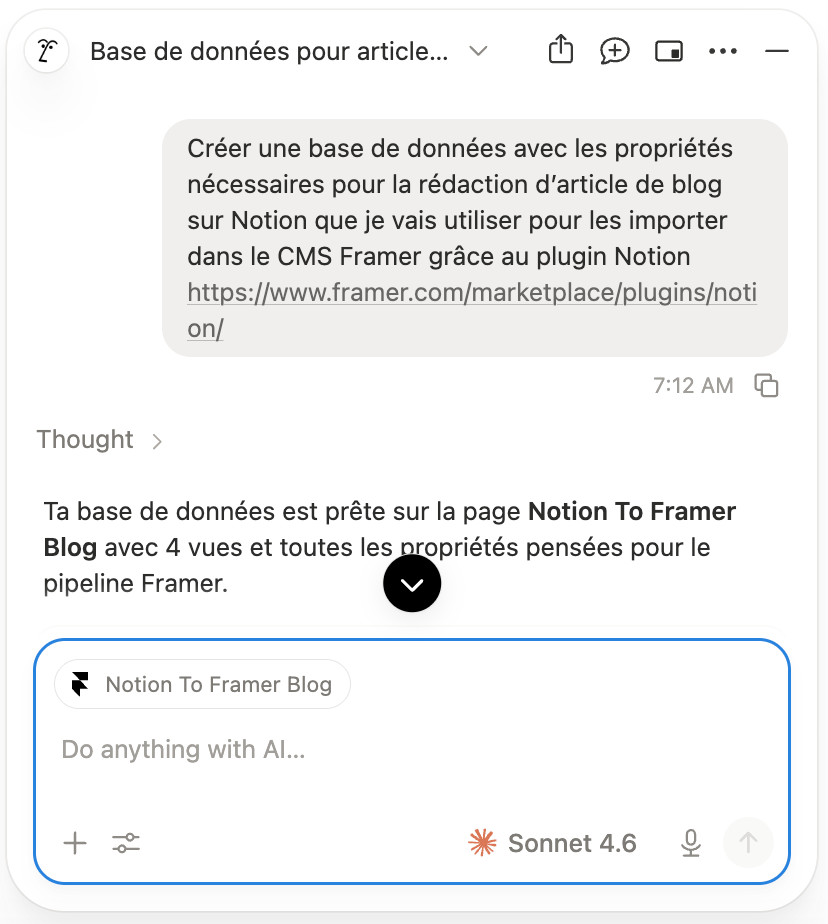 Notion AI generated blog database, Blog NOTION X FRAMER with all required fields