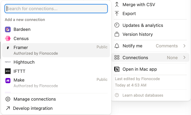 Notion active connections showing Framer Server API authorized