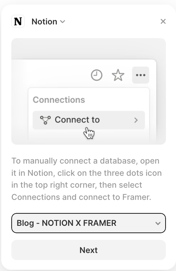 Selecting a Notion database to connect to Framer CMS plugin
