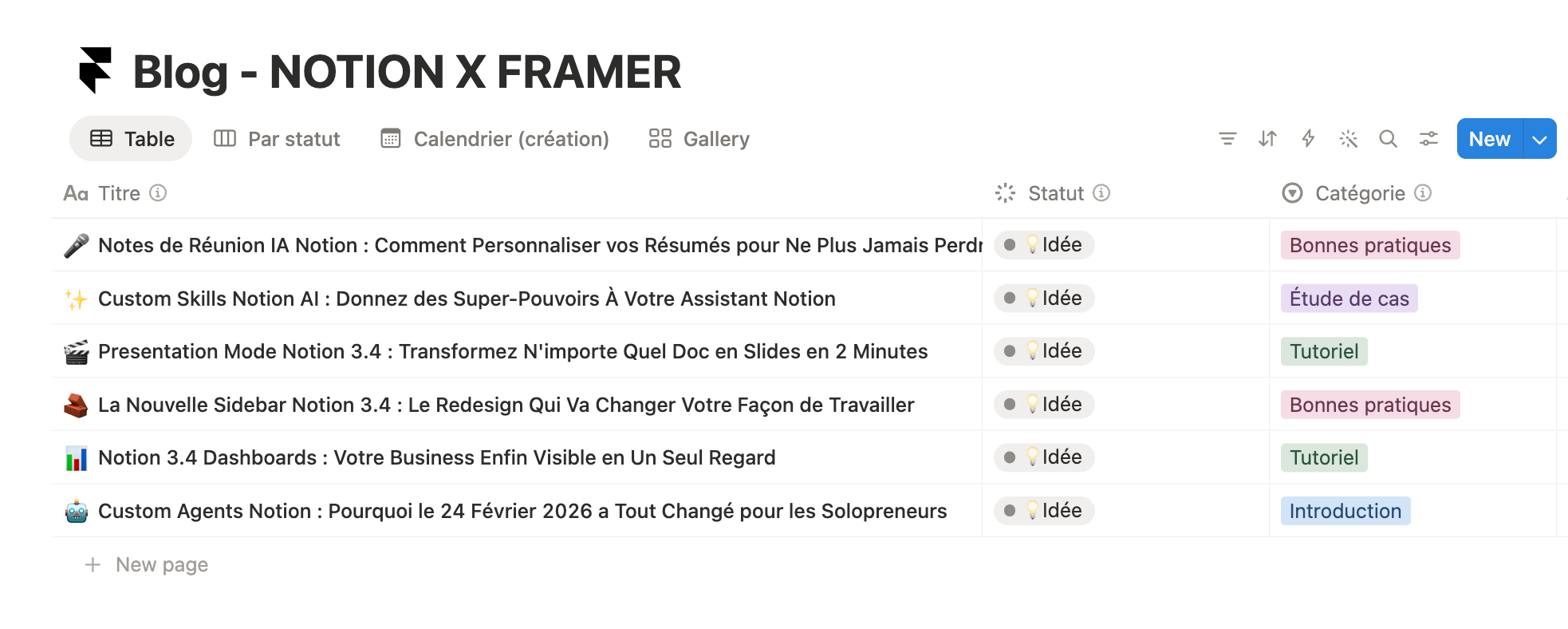 Notion database filled with 6 AI-written blog articles ready to sync with Framer