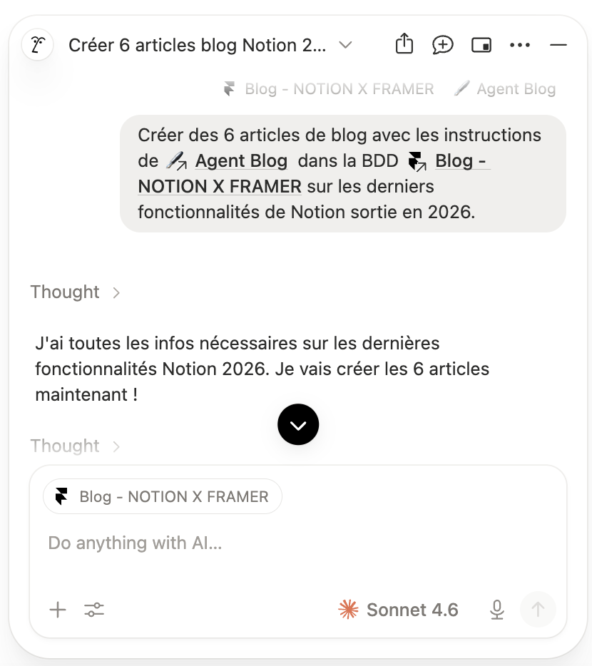 Prompting Notion AI agent to write 6 blog articles directly into the database