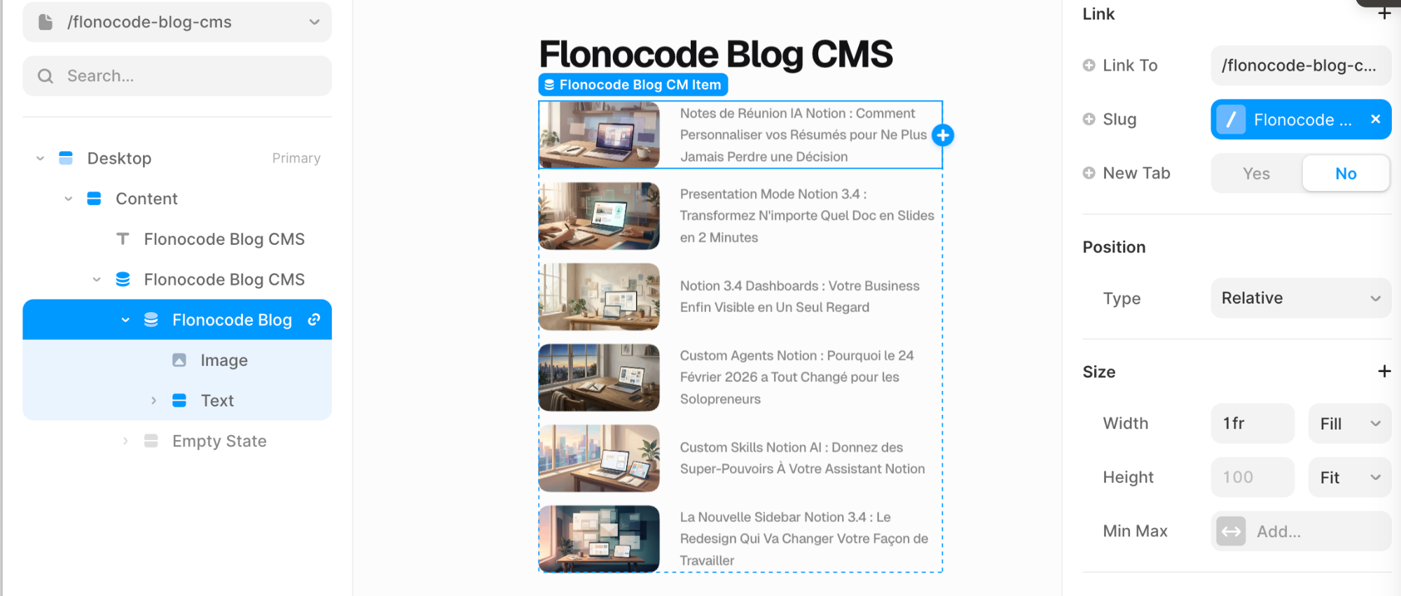 Framer CMS Index page displaying Notion blog articles with cover images and titles