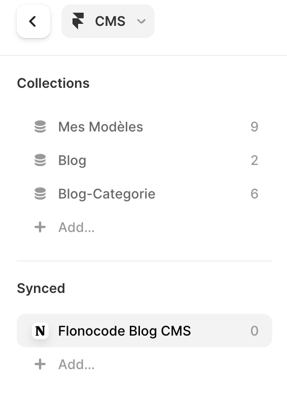 Framer CMS panel displaying synced Notion Blog CMS collection before import