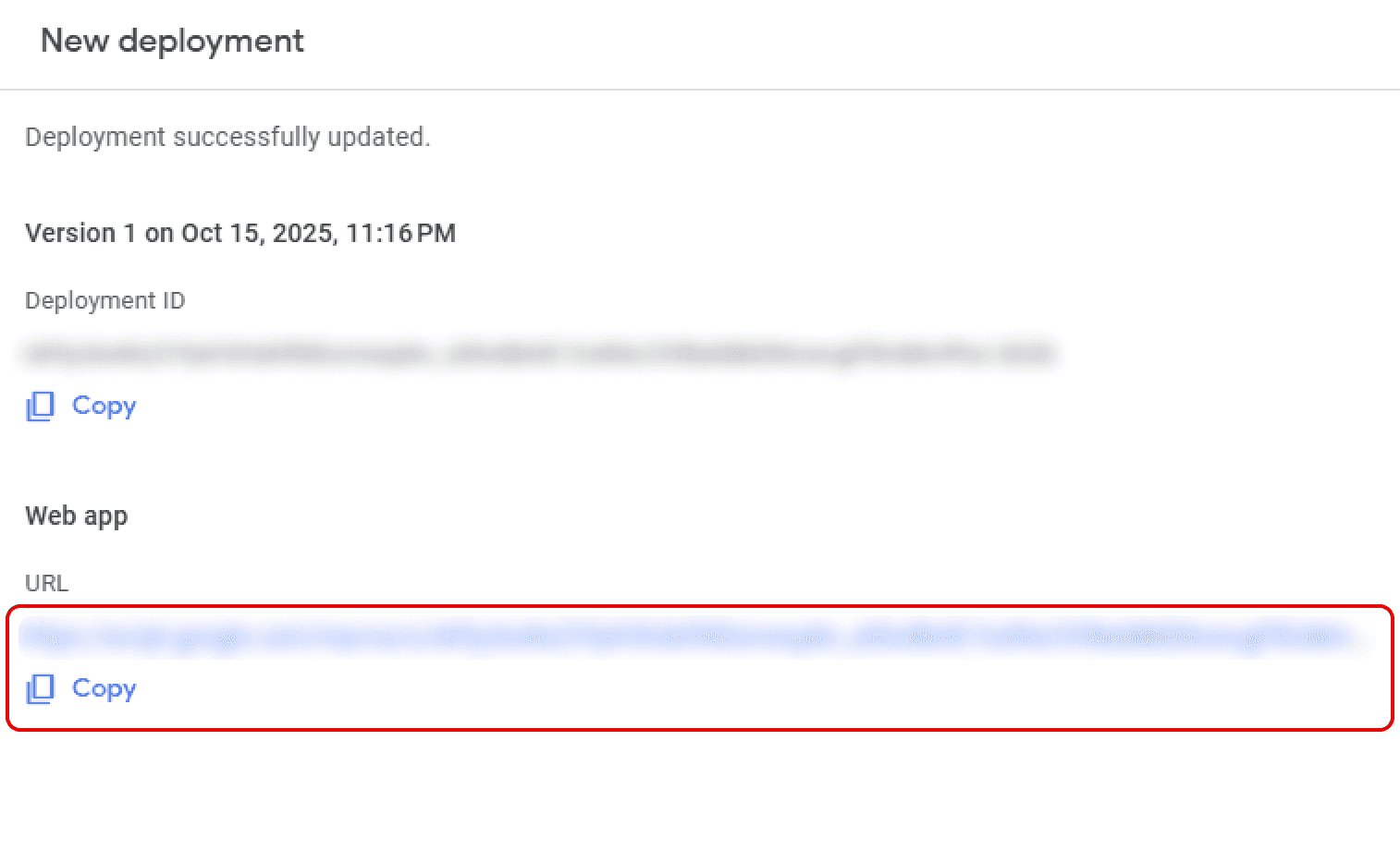 Copying the generated Web App URL from the Google Apps Script deployment dashboard to be used in the Framer component settings.
