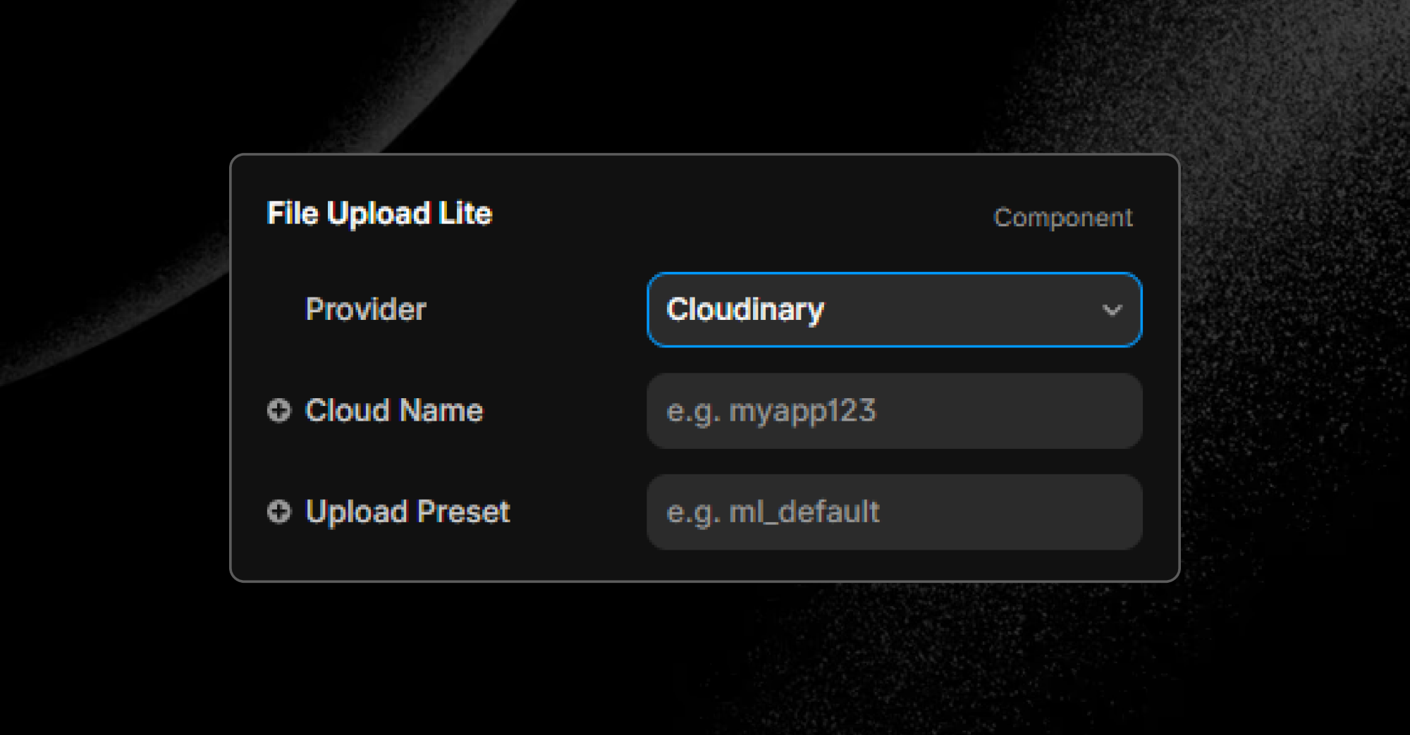Configuring the File Upload component in Framer for Cloudinary by entering the Cloud Name and the Unsigned Upload Preset name.