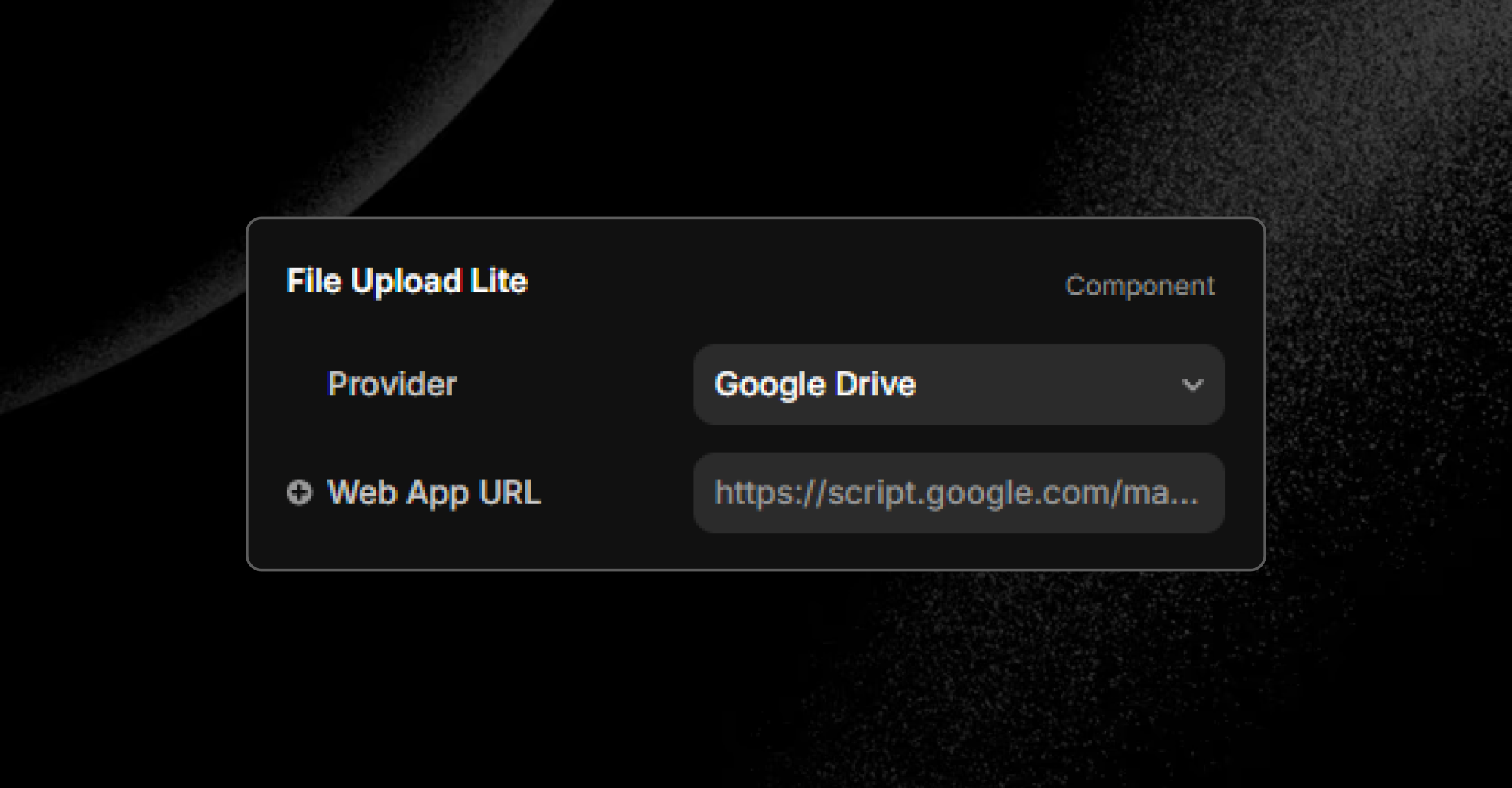 Configuring the File Upload component properties in Framer by selecting Google Drive as the provider and entering the Web App URL.
