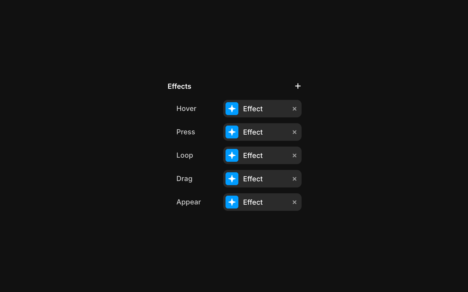Framer effects panel displaying multiple interactions like hover, press, loop, drag, and appear