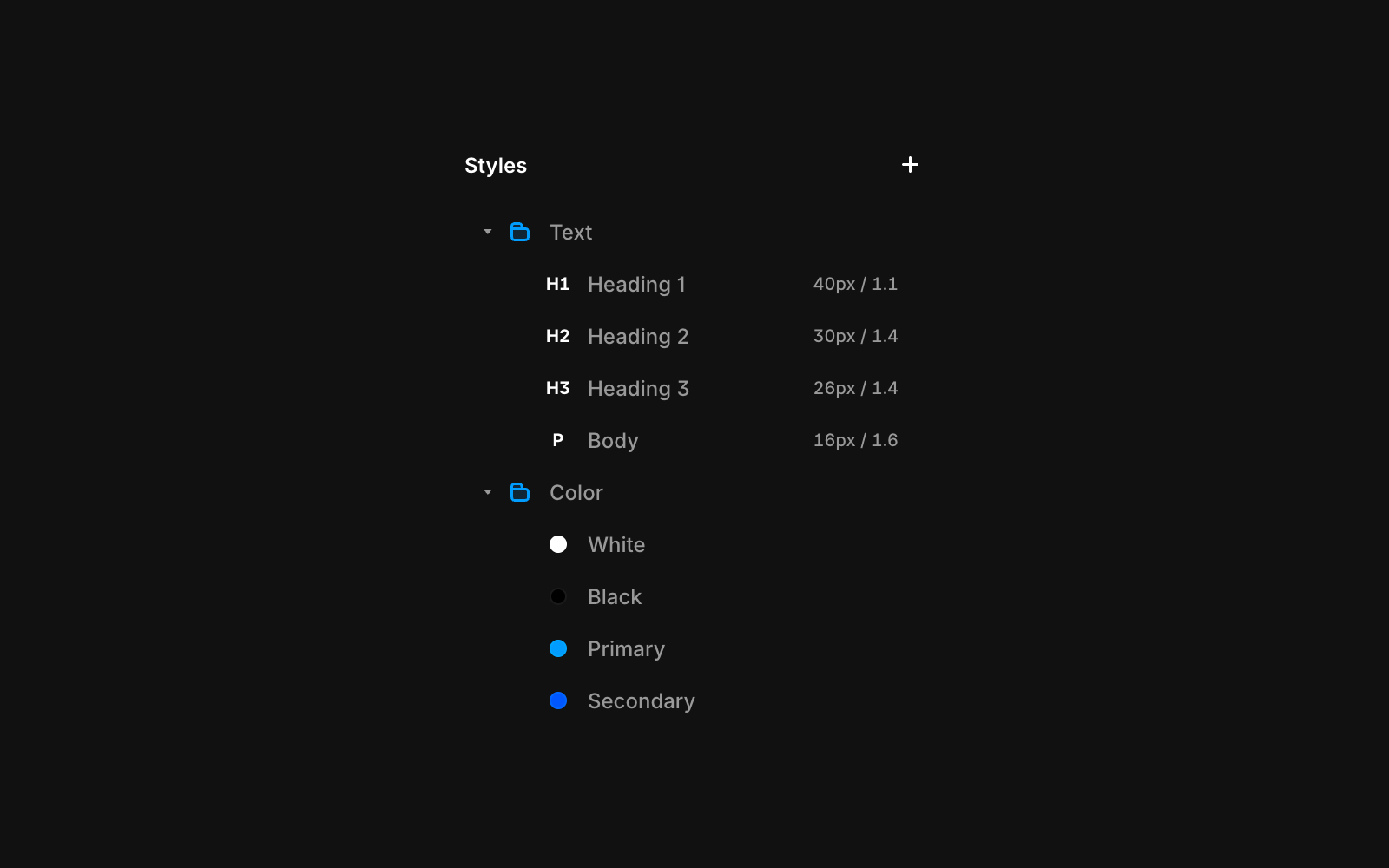 Framer style panel showing organized text styles and color styles for consistent design