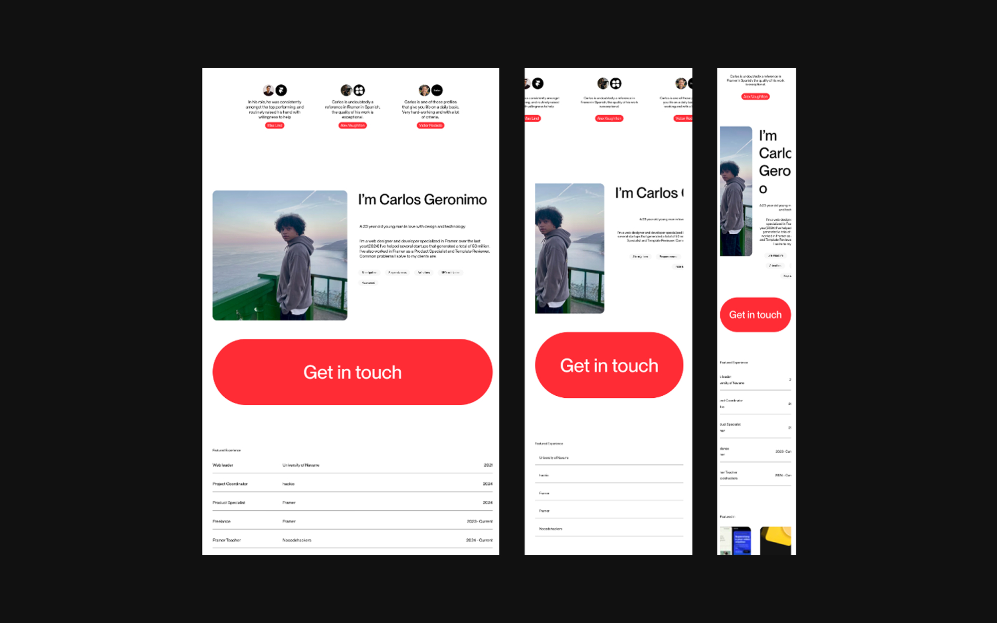 Framer layout shown across desktop, tablet, and mobile breakpoints to illustrate responsive design setup
