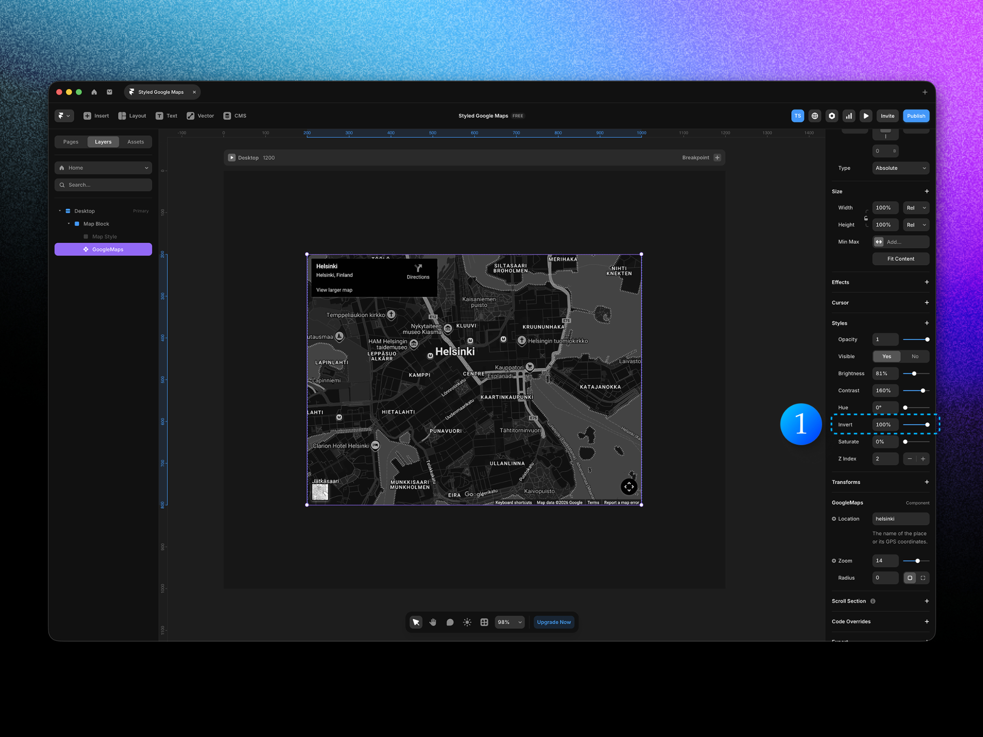 Map with dark mode filters